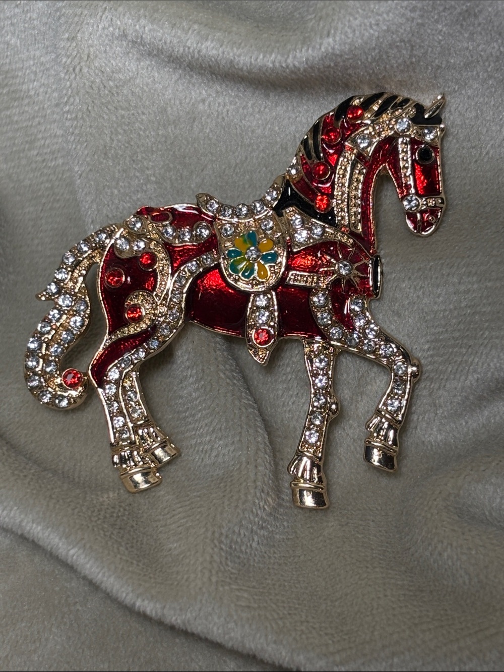 Red Jeweled Horse Brooch - Decorative Accent Pin